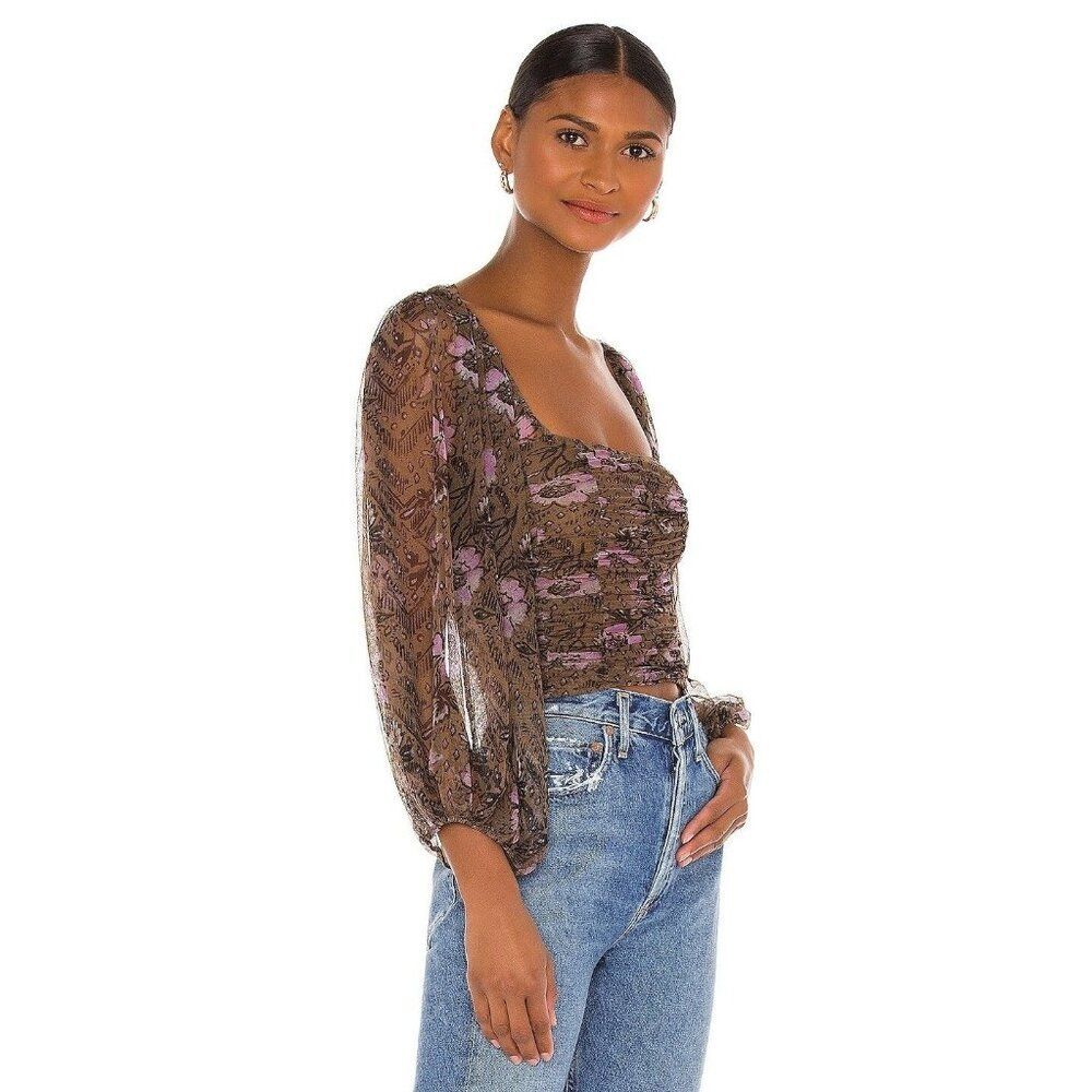 Free People Medium Lilia Long Sleeve Top Green Pink Boho Stretch